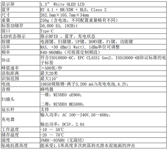 A100 RFID手持终端规格参数表